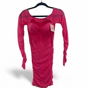 superdown Fuchsia Long-Sleeve Ruched Bustier Bodycon Dress